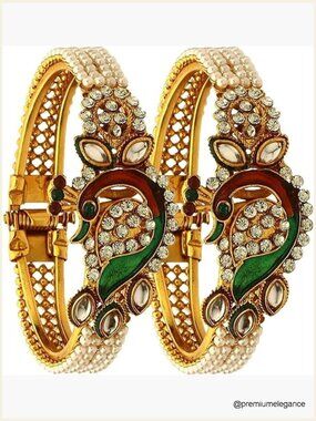 Indian Bangle Bracelets Faux Pearl Kundan Rhinestone Peacock Cuff Bangle